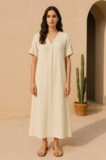 "Look complet avec robe beige femme