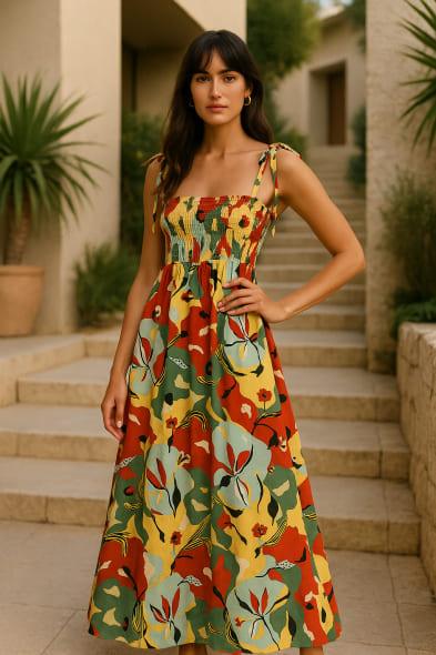 Robe imprimée femme tendance, look frais et féminin avec motifs colorés.